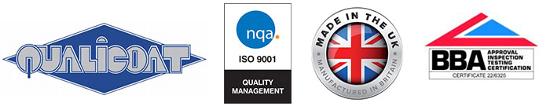 Qualicoat, nqa, made in the uk and BBA logos for quality finishes